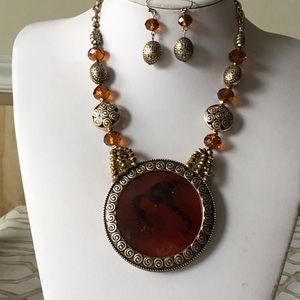Brown circle pendant antique look necklace earring